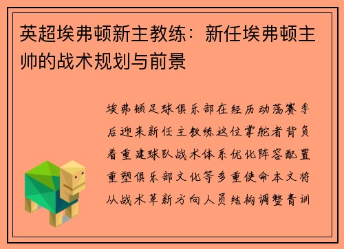 英超埃弗顿新主教练：新任埃弗顿主帅的战术规划与前景